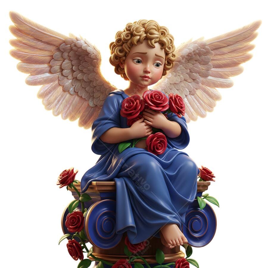 Ilustração Anjo Querubim Triste com Rosas Vermelhas PNG com fundo transparente