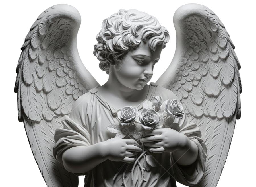 Estátua de Anjo Querubim com Rosas Brancas Divino PNG com fundo transparente