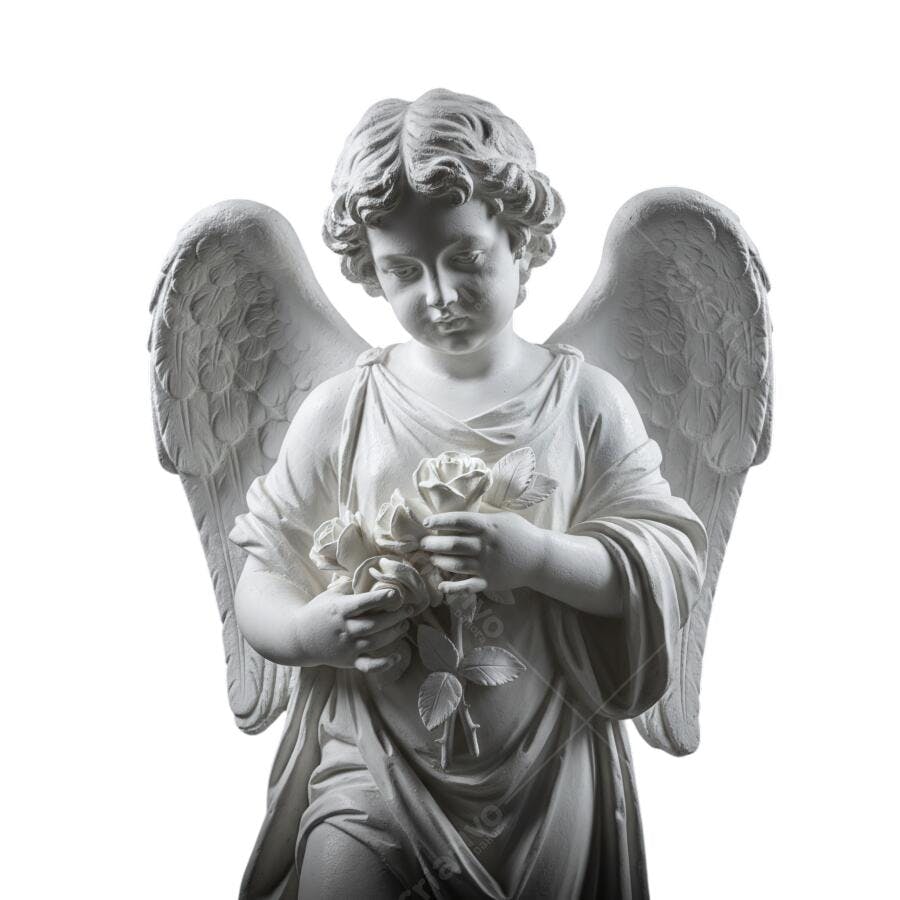 Estátua Anjo Querubim Branco Rosas Memorial PNG com fundo transparente