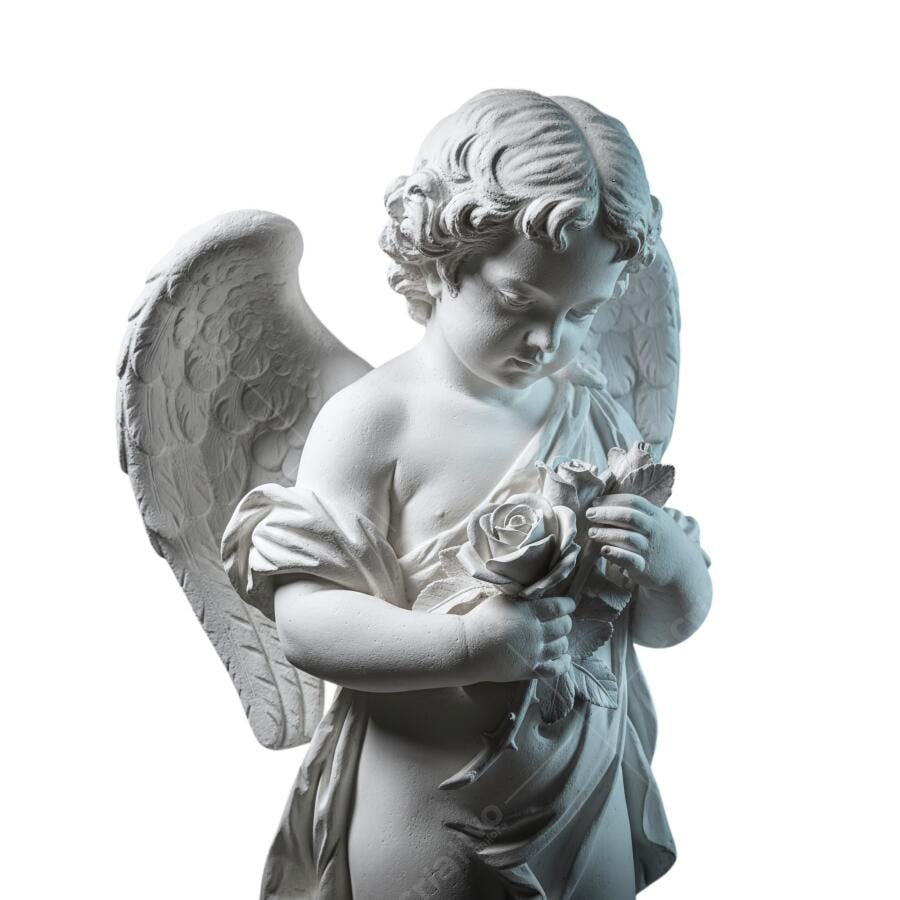 Escultura Anjo Querubim Branco com Rosas para Luto PNG com fundo transparente