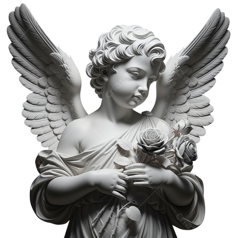 Escultura Anjo Querubim Clássico com Rosas Brancas PNG com fundo transparente