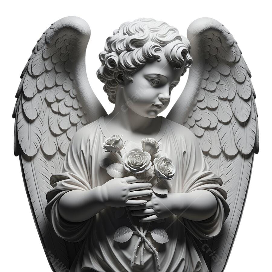 Clipart Anjo Querubim Escultura com Rosas PNG com fundo transparente