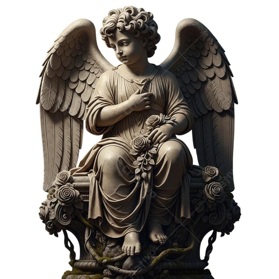 Estátua Anjo Querubim Sentado com Rosas Escultura Clássica PNG com fundo transparente