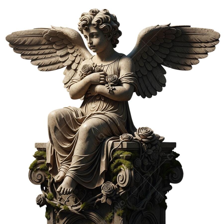 Ilustração Estátua Anjo Querubim Clássico Mármore Rosas PNG com fundo transparente