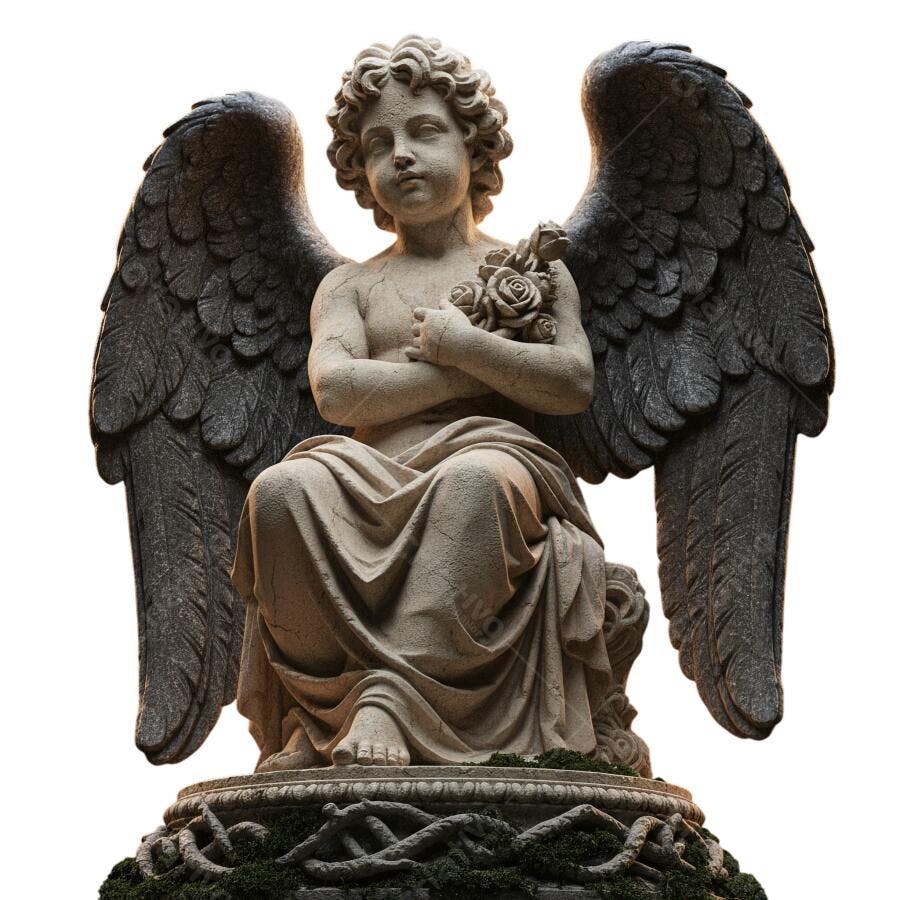 Estátua Anjo Querubim em Pedra com Rosas PNG com fundo transparente