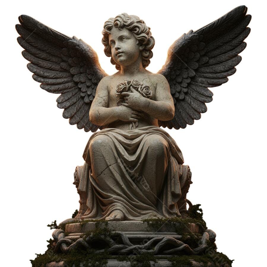 Escultura de Anjo Querubim Clássico com Rosas PNG fundo transparente para Luto
