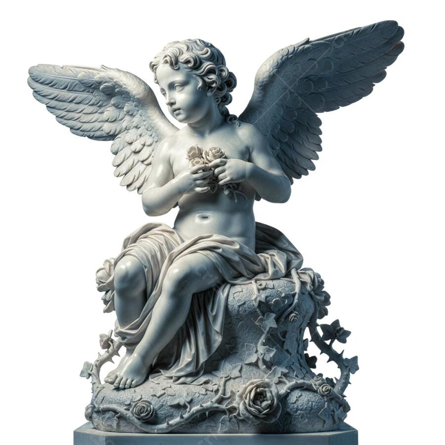 Elemento Decorativo Estátua Anjo Querubim Rosas Branco Clássico PNG com fundo transparente
