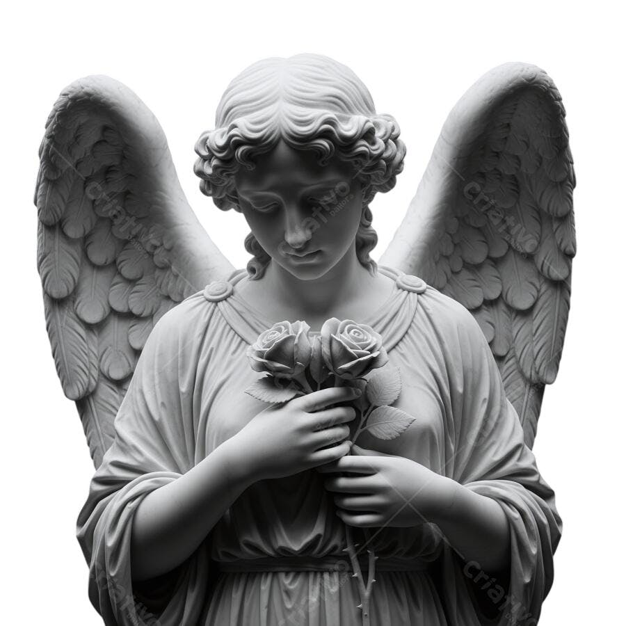 Imagem Estátua Anjo Clássico com Rosas Paz Luto PNG com fundo transparente