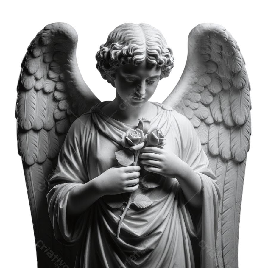 Estátua de Anjo Clássico com Rosas para Luto Memória PNG com fundo transparente