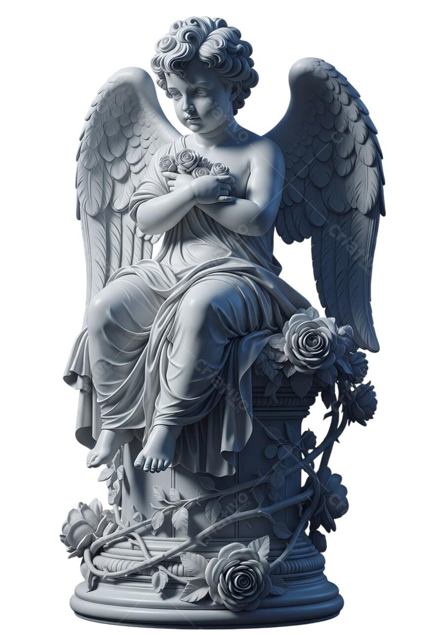 Estátua Anjo Querubim com Rosas Design Clássico PNG com fundo transparente
