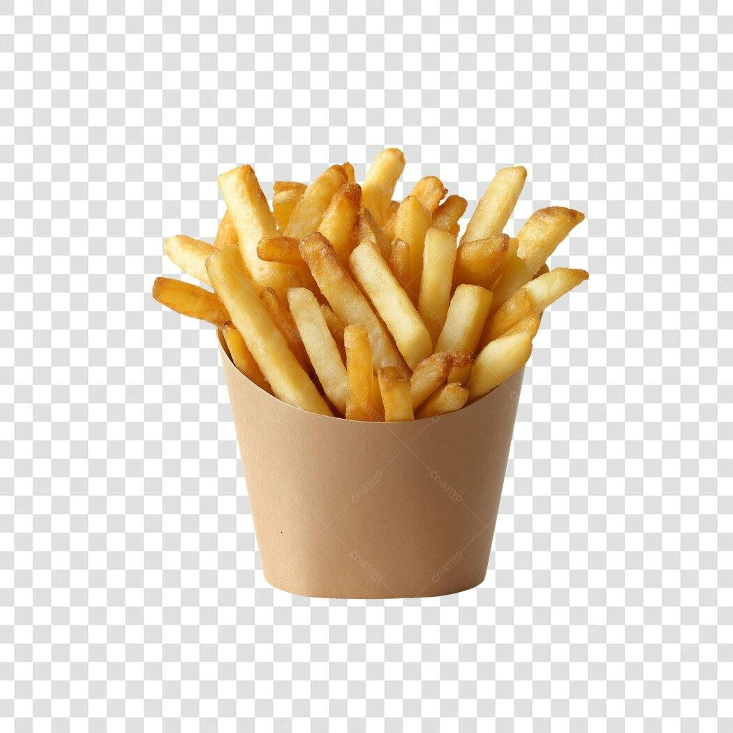 Foto de Produto Batatas Fritas Douradas em Copo Marrom Kraft PNG com fundo transparente