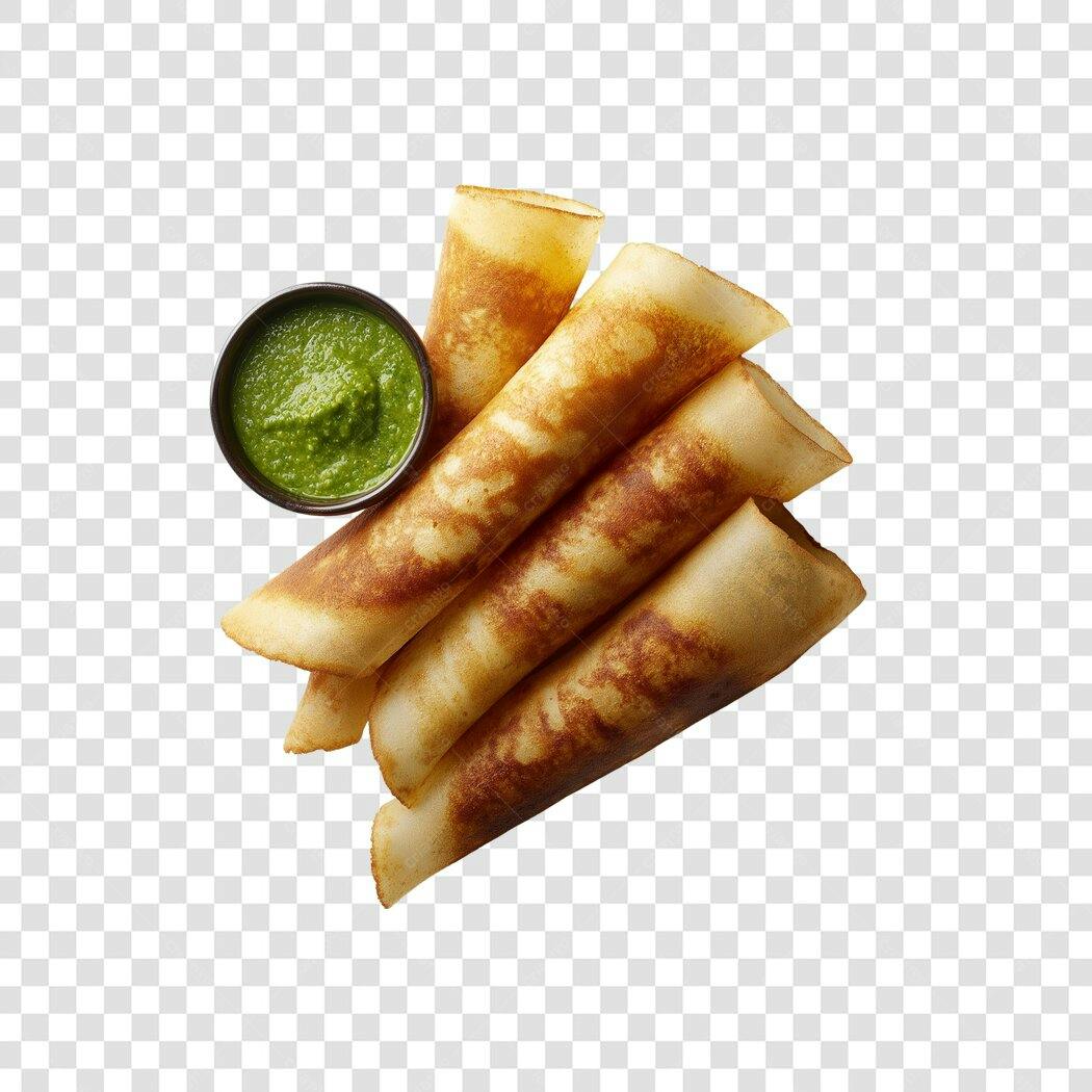 Comida Dosa indiana com chutney verde PNG para cardápio digital fundo transparente