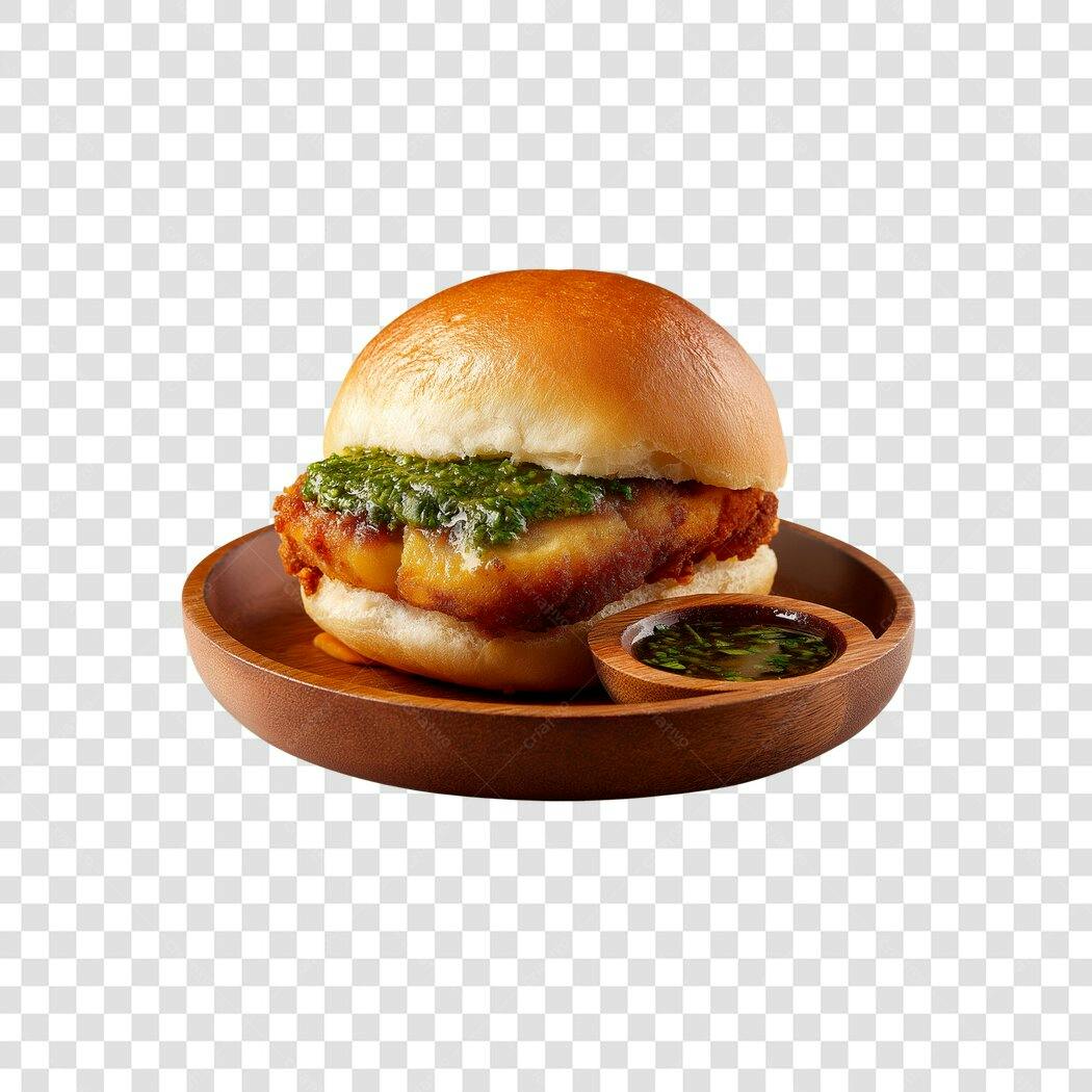 Lanche de Peixe Frito Gourmet com Molho Verde em Prato de Madeira PNG com fundo transparente