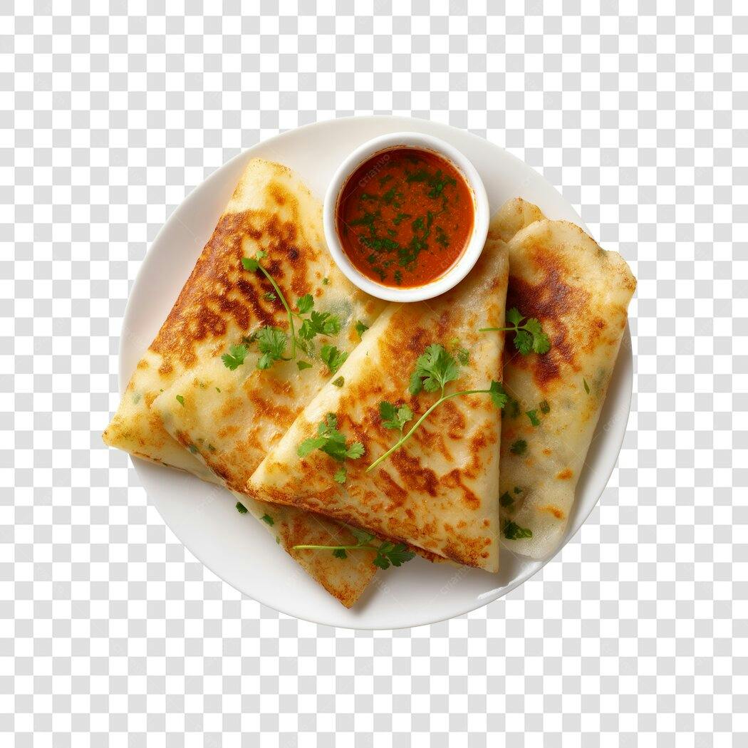 Prato de crepes salgados com molho vermelho e coentro PNG fundo transparente