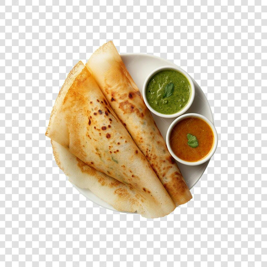 Comida Indiana Dosa com Chutneys em Prato Branco PNG com fundo transparente