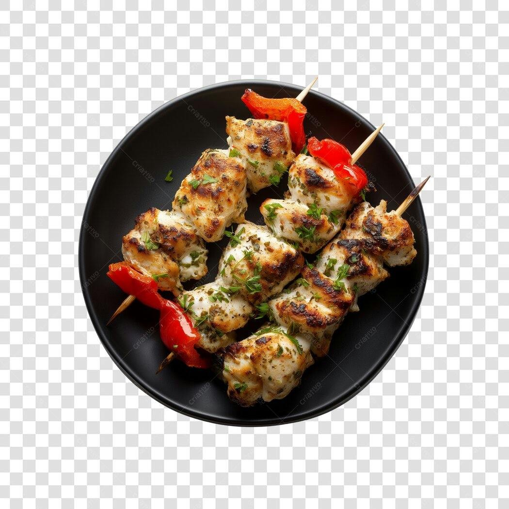 Espetinhos de Frango Grelhado com Pimentão Vermelho em Prato Preto PNG com fundo transparente