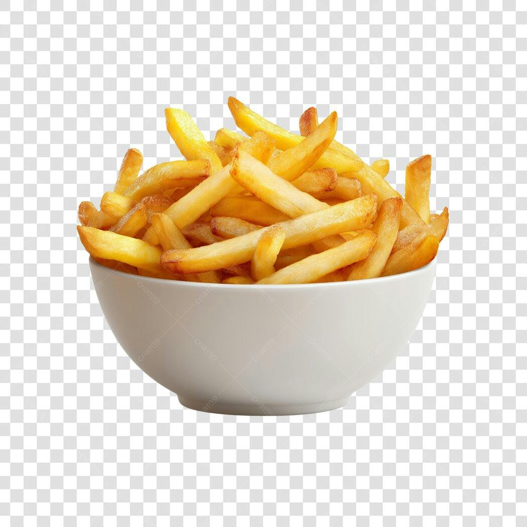 Imagem Batatas Fritas Douradas em Tigela Branca Comida Rápida PNG com Fundo Transparente