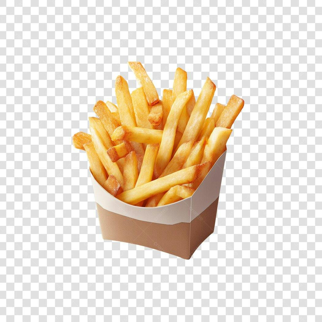 Elemento PNG Batata Frita Crocante Dourada em Caixa Marrom para Fast Food PNG com fundo transparente