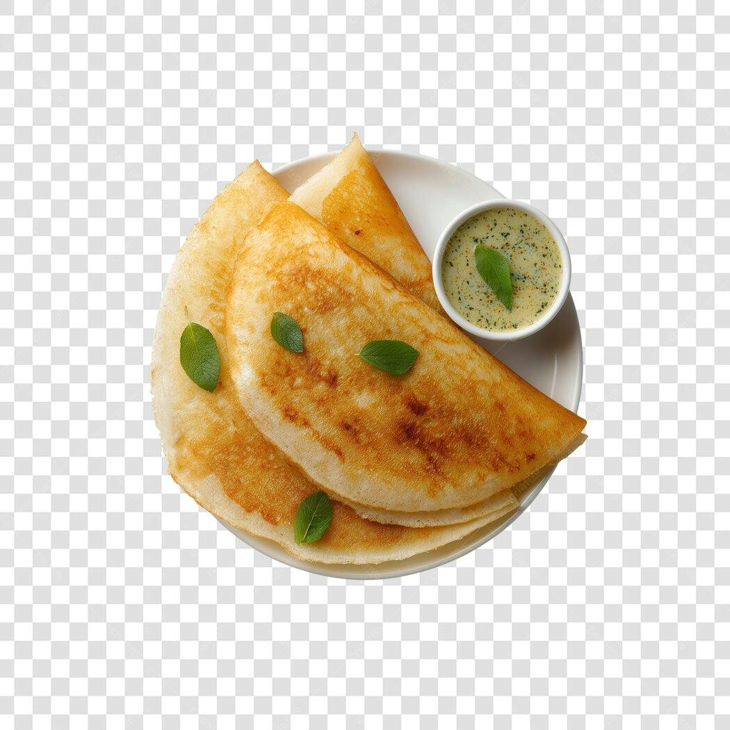 Imagem Dosa indiana com chutney verde e folhas frescas PNG com fundo transparente