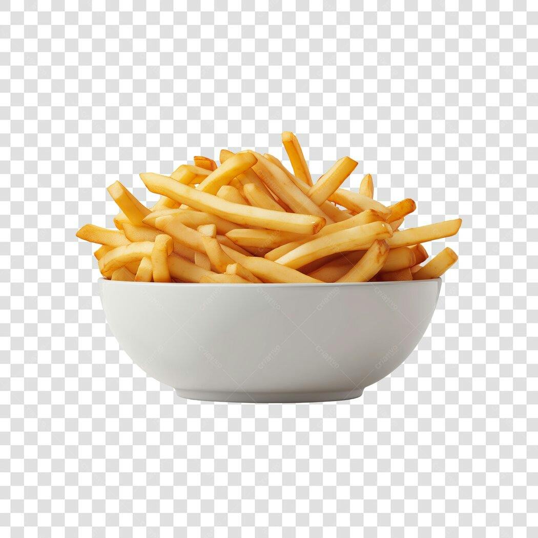 Elemento Gráfico Batatas Fritas em Tigela Branca Fast Food PNG com fundo transparente