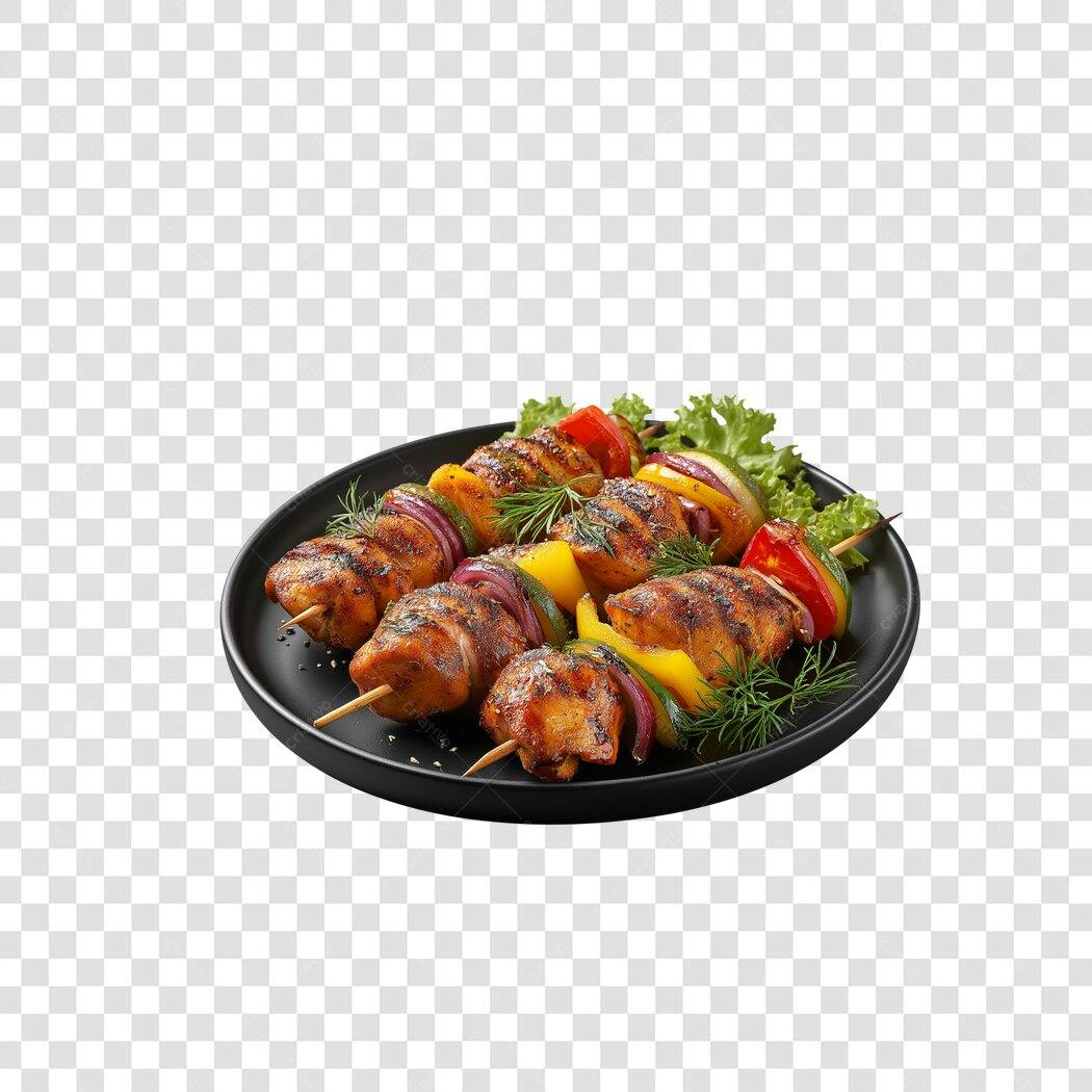 Prato com espetinhos de frango grelhados vegetais coloridos PNG com fundo transparente