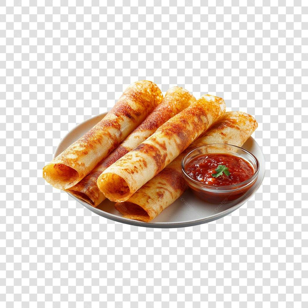 Comida Crepes Enrolados Dourados Molho Vermelho Fresco PNG com fundo transparente