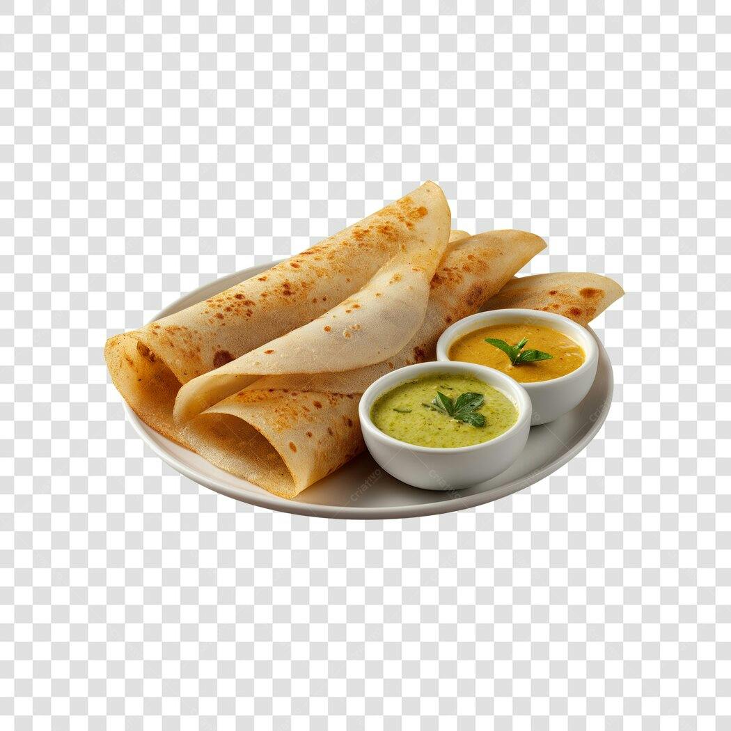 Prato indiano Dosa com chutneys verde e laranja PNG com fundo transparente