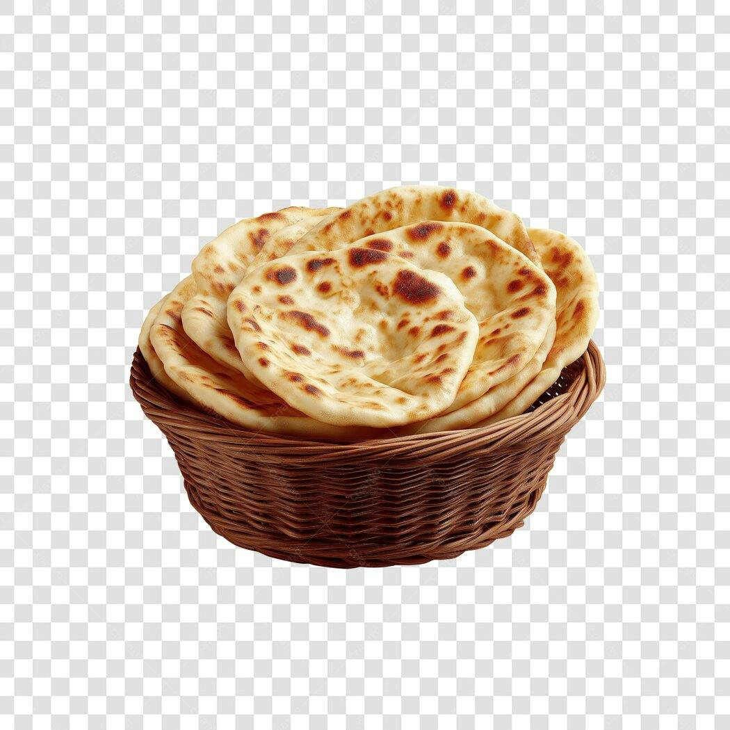Cesta de Pães Naan Assados Recém-feitos PNG com fundo transparente para menu e delivery