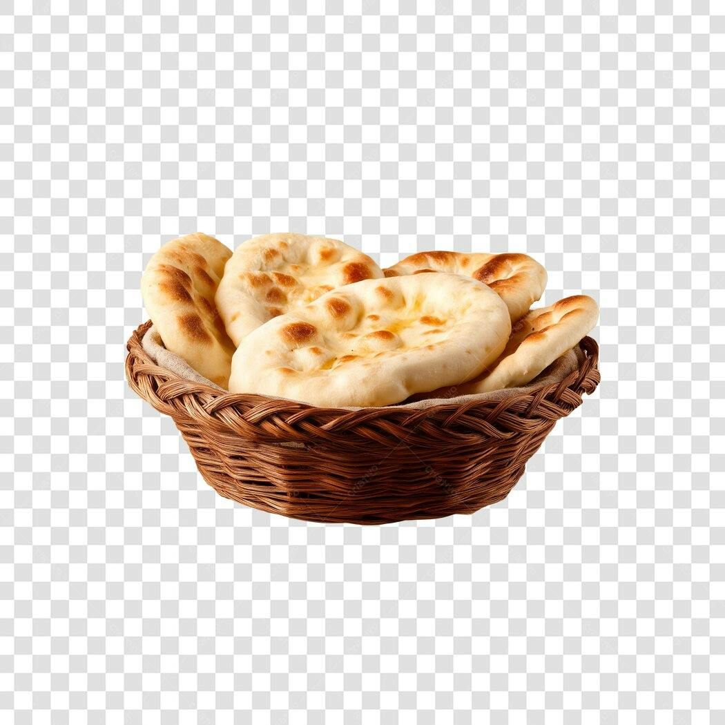 Cesta de Pães Naan Achatados Marrons e Beges PNG com fundo transparente para Padaria