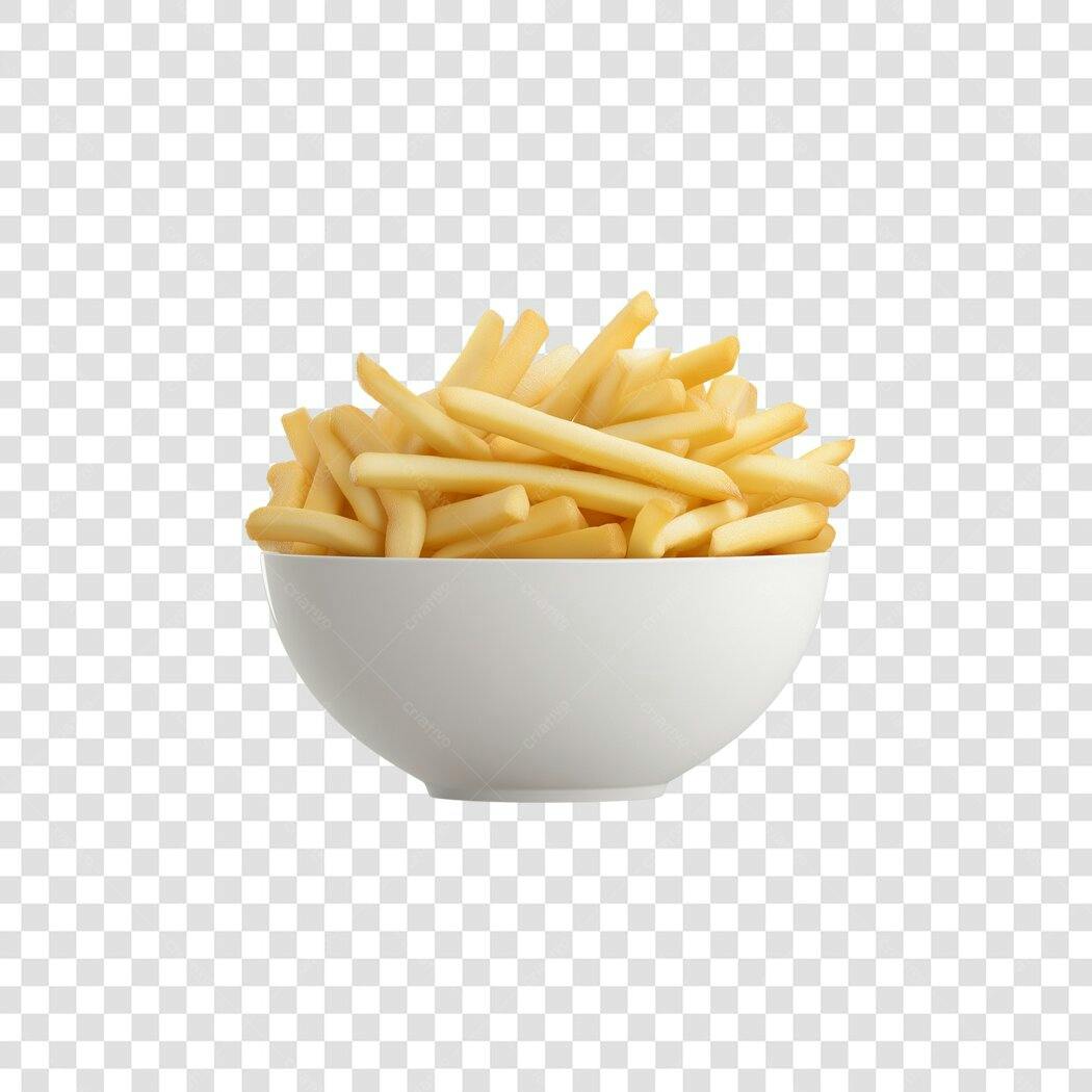 Elemento PNG Batata Frita Dourada Tigela Branca Fundo Transparente