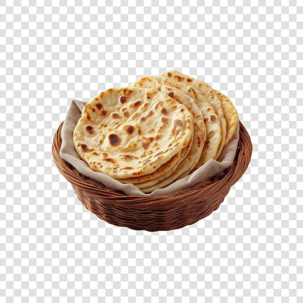 Ilustração de pães naan dourados em cesta marrom para cardápio PNG com fundo transparente