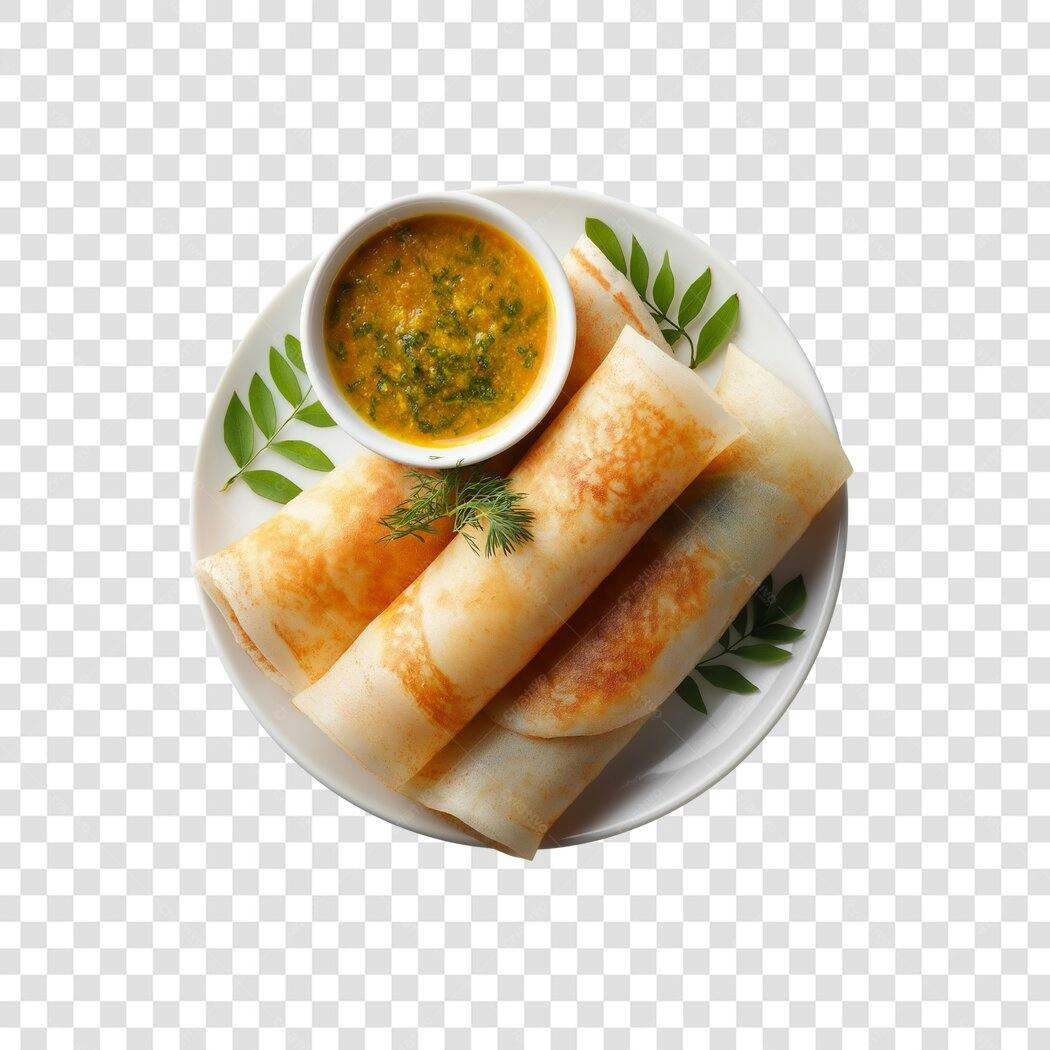 Elemento Gráfico Dosa Indiana com Molho e Folhas Verdes PNG com fundo transparente