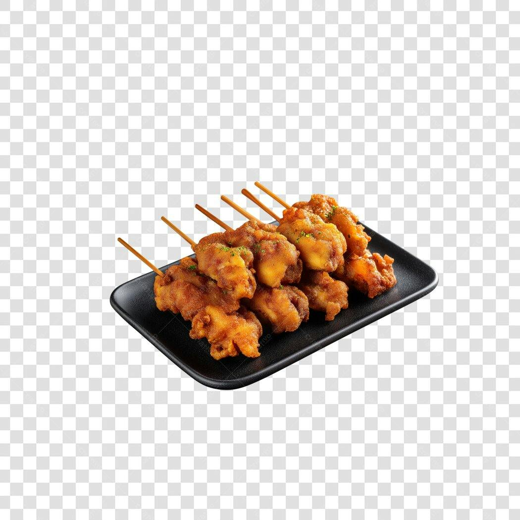 Comida Espetinhos de frango frito Karaage prato preto PNG com fundo transparente
