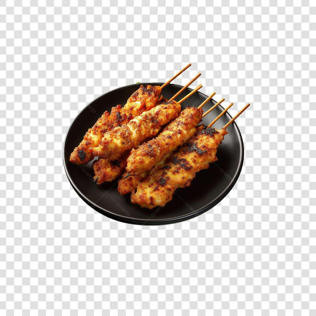 Comida Espetinhos de Frango Grelhado em Prato Preto para Menu PNG com fundo transparente