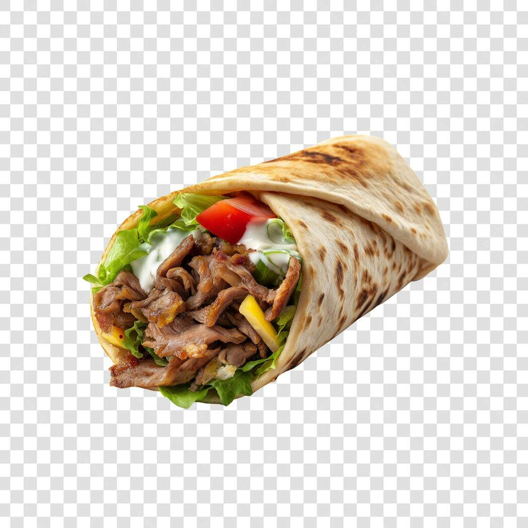 Comida PNG Kebab Shawarma com carne molho branco alface tomate fundo transparente