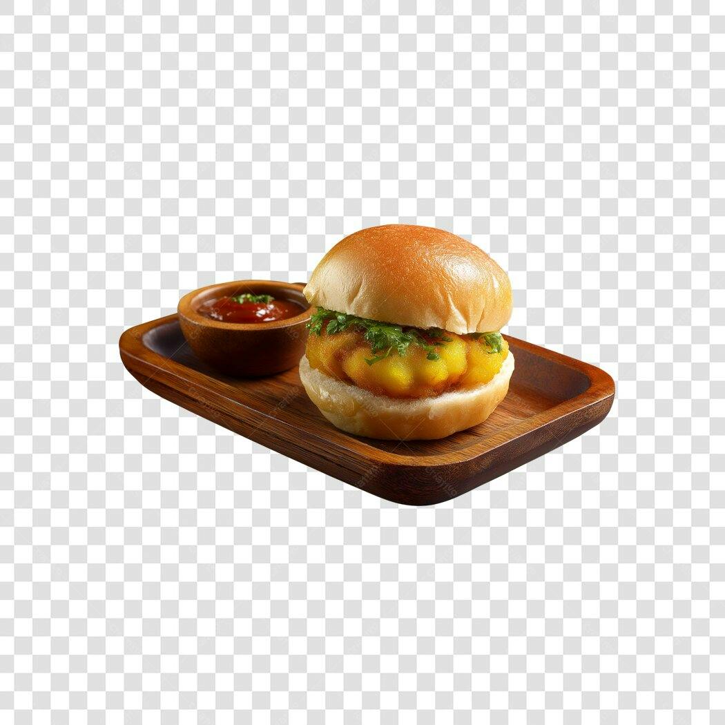 Mini Hambúrguer Lanche Rápido Patê Dourado Molho Vermelho PNG com fundo transparente