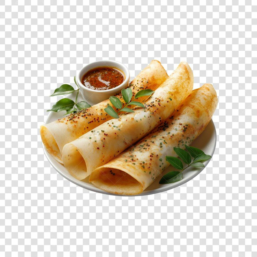 Imagem Comida Indiana Dosa com Chutney e Folhas de Curry PNG com fundo transparente