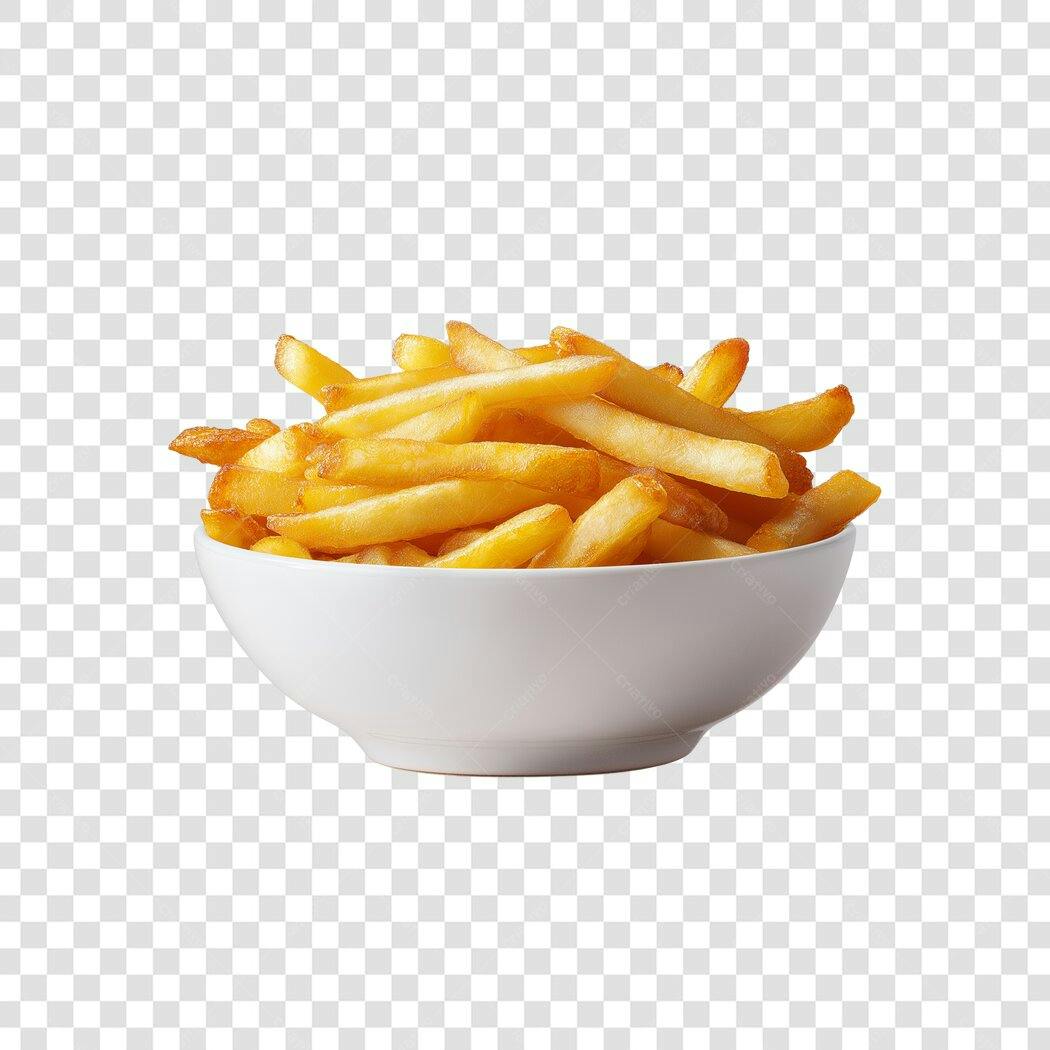 Imagem de Batatas Fritas Douradas em Tigela Branca PNG com fundo transparente