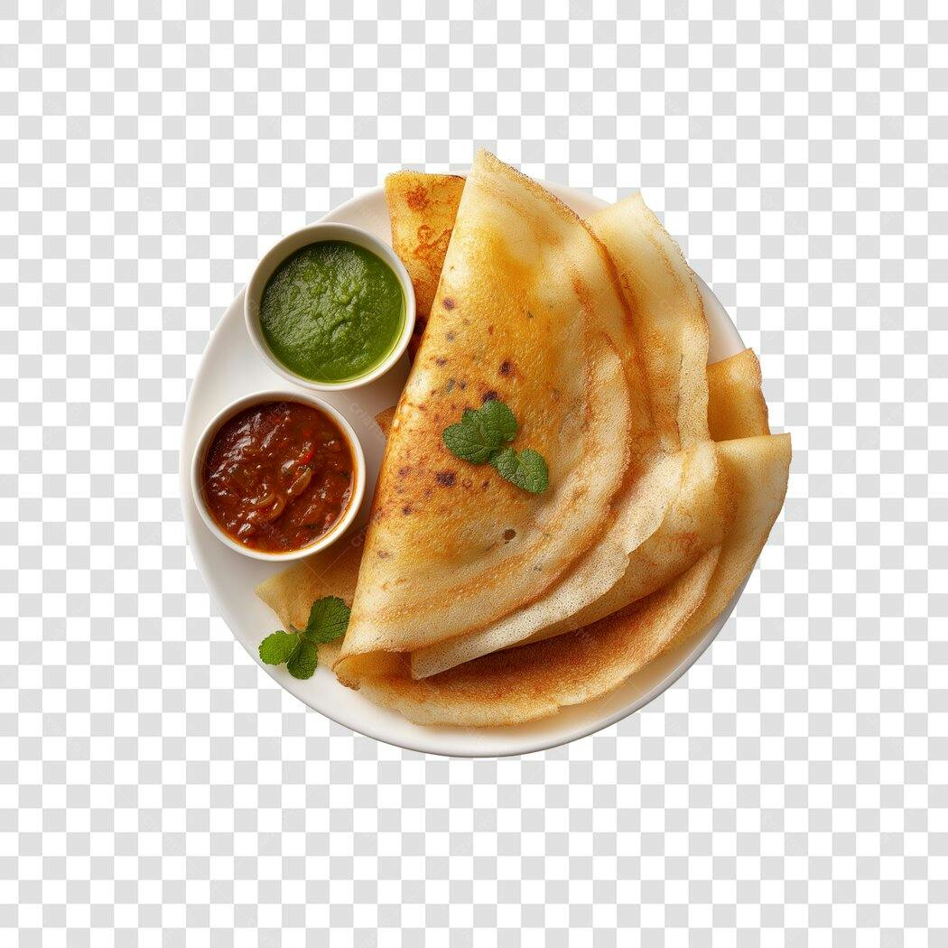 Prato de Dosa indiana com chutneys e hortelã PNG com fundo transparente