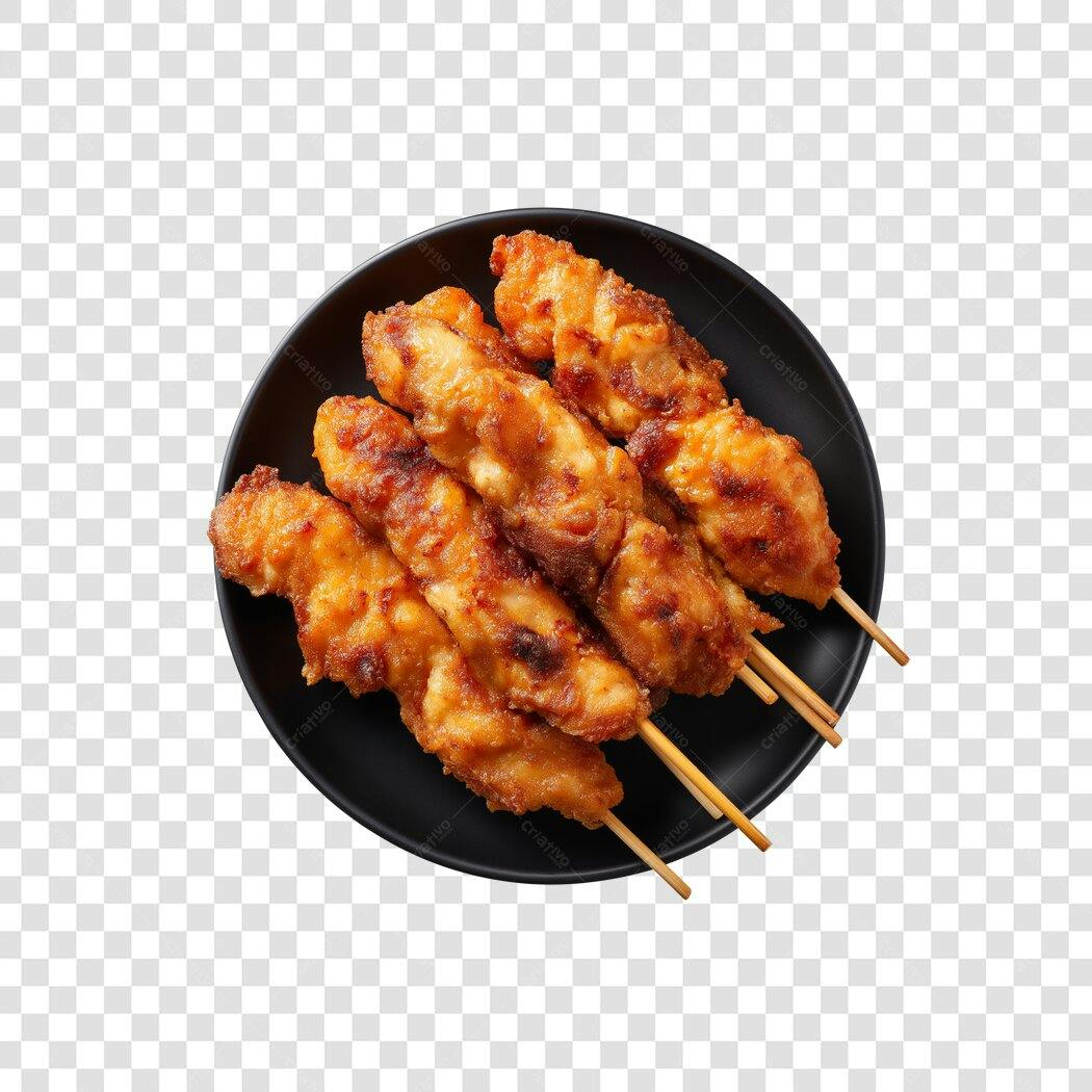 Elemento para Menu Digital Espetinhos de Frango Fritos em Prato Preto PNG com fundo transparente