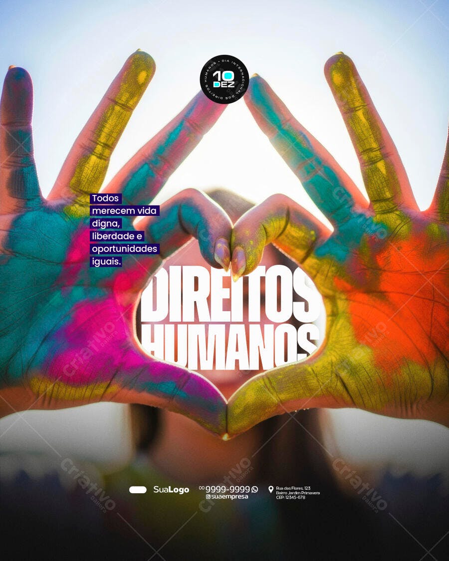 Flyer Dia Internacional Direitos Humanos Mãos Coração Coloridas PSD Editável