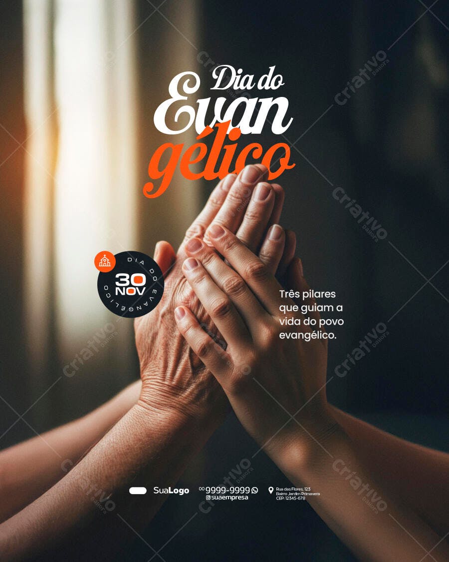 Flyer Dia do Evangélico Mãos Juntas Oração PSD Editável