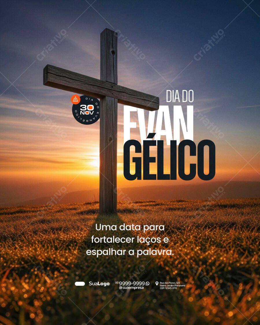 Post Social Dia do Evangélico Cruz Pôr do Sol Dourado PSD Editável
