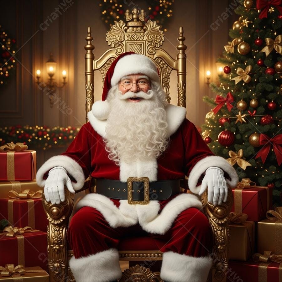 Papai Noel sorridente em trono dourado com presentes e árvore de Natal