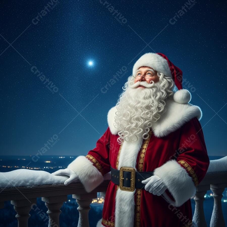 Papai Noel de vermelho olhando estrela brilhante em sacada nevada na noite de Natal