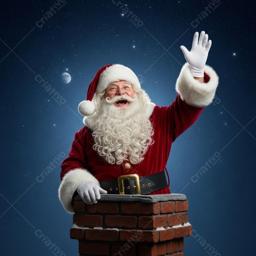 Papai Noel feliz acenando em chaminé sob céu estrelado azul noturno