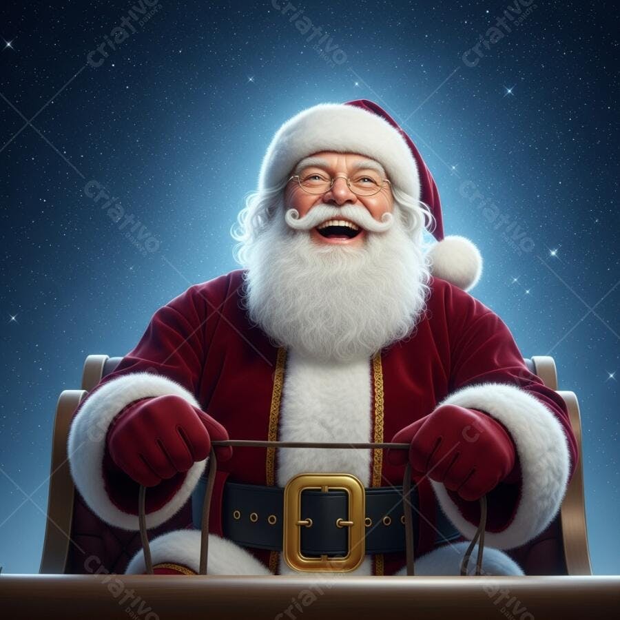 Papai Noel rindo feliz no trenó na noite estrelada de Natal
