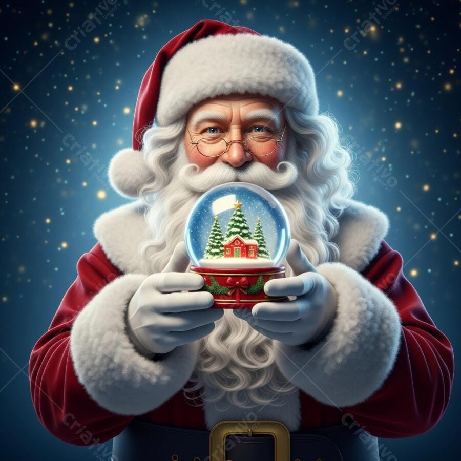 Papai Noel sorrindo com globo de neve festivo e estrelas douradas