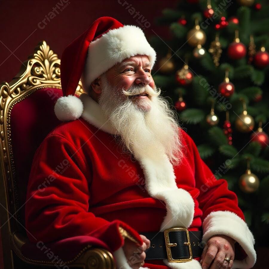 Papai Noel sorrindo no trono dourado com árvore de Natal ao fundo