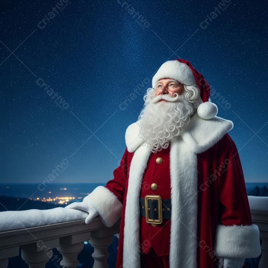 Papai Noel em sacada nevada observando cidade à noite estrelada